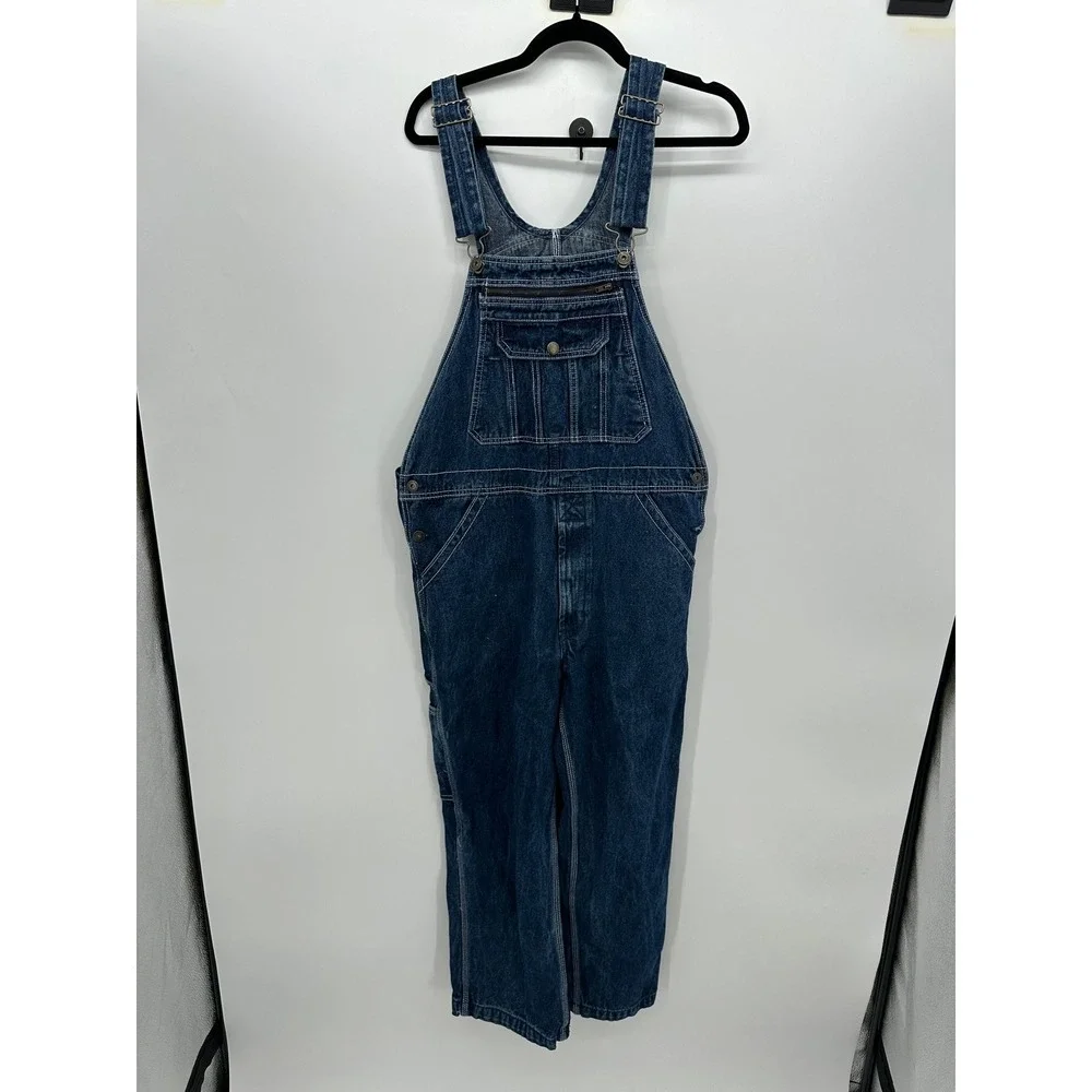 Real Work Mens Blue Denim Relaxed Fit Carpenter Bib Overalls 34W x 29L